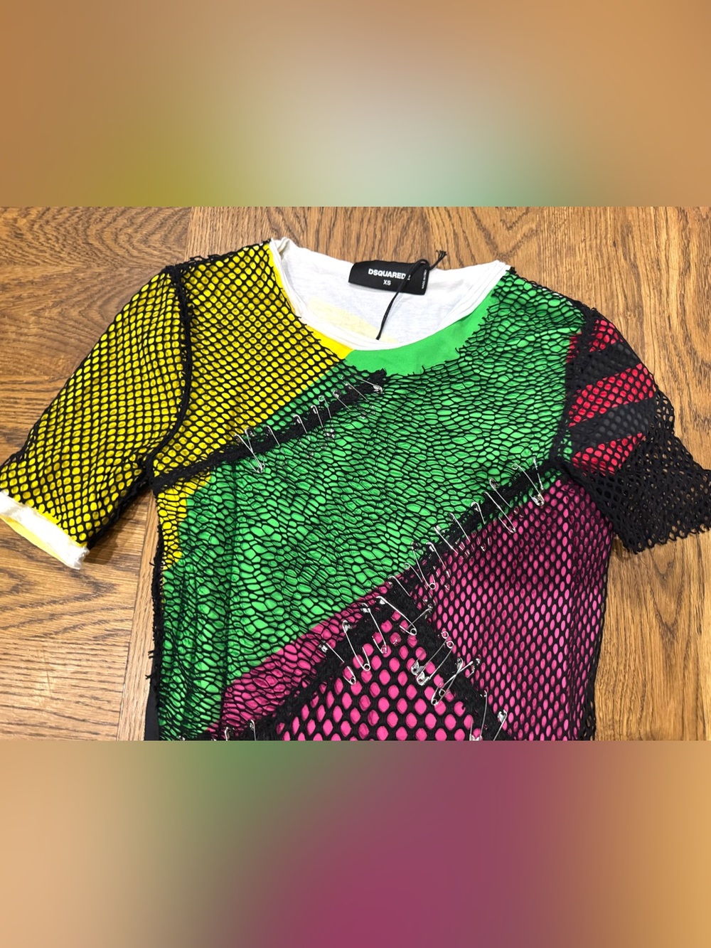 NWT - DSQUARED Green Yellow Black Mesh-Detail T-Shirt XS Luxury High Fashion - Picture 6 of 14